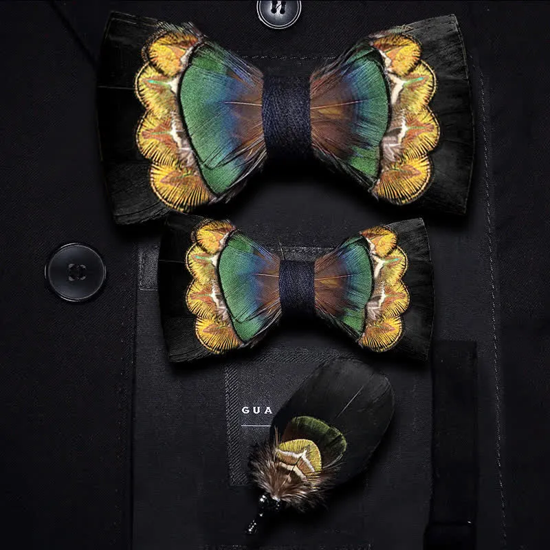 Kid's Black & Yellow-green Feather Bow Tie with Lapel Pin sold by FloralTrip product image thumbnail 3