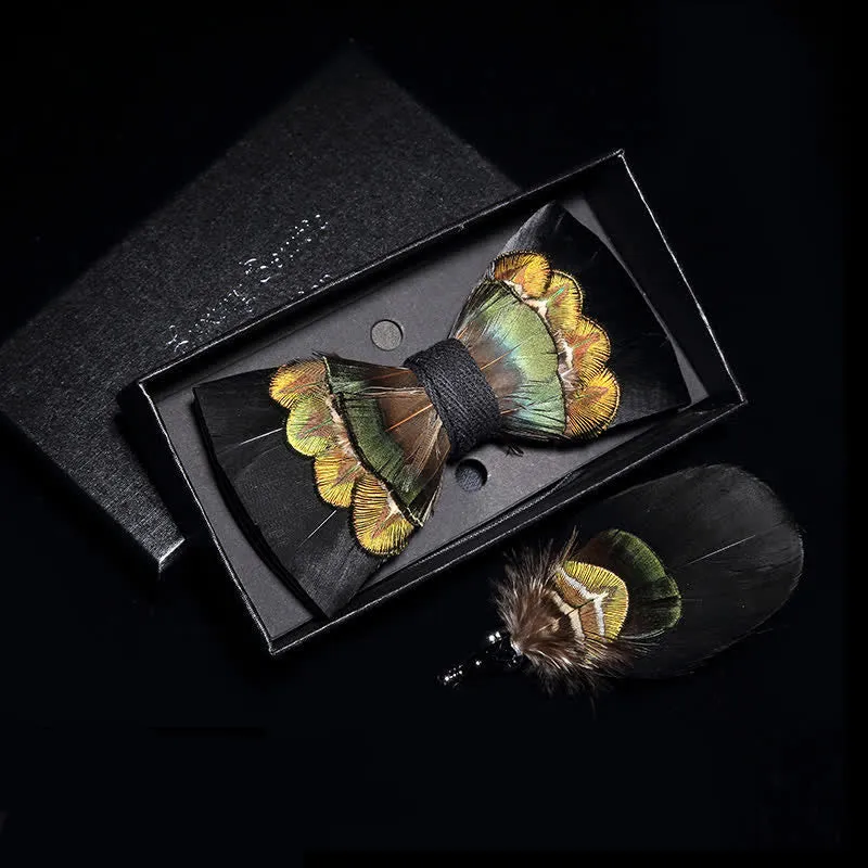 Kid's Black & Yellow-green Feather Bow Tie with Lapel Pin sold by FloralTrip product image thumbnail 2