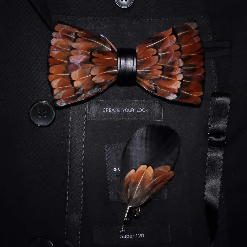 Kid's Brown & Black Trim Feather Bow Tie with Lapel Pin sold by FloralTrip product image thumbnail 3