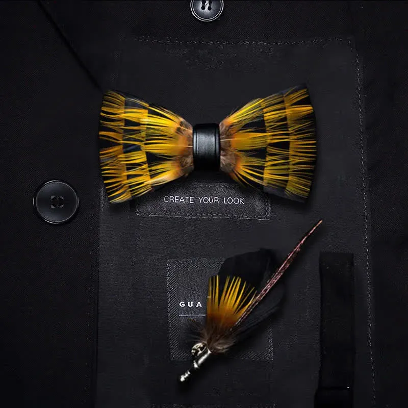 Kid's Yellow & Black Night Feather Bow Tie with Lapel Pin sold by FloralTrip