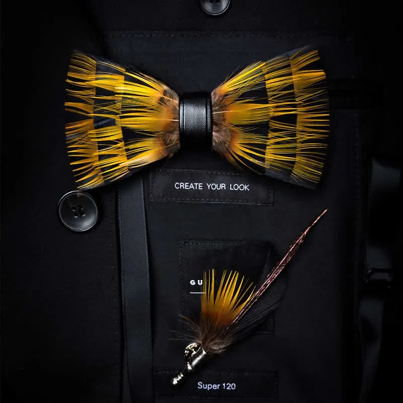 Kid's Yellow & Black Night Feather Bow Tie with Lapel Pin sold by FloralTrip product image thumbnail 4