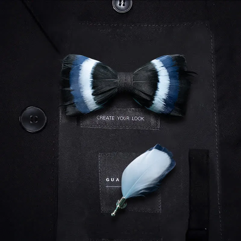 Kid's Black & Shade of Blue Feather Bow Tie with Lapel Pin made by FloralTrip