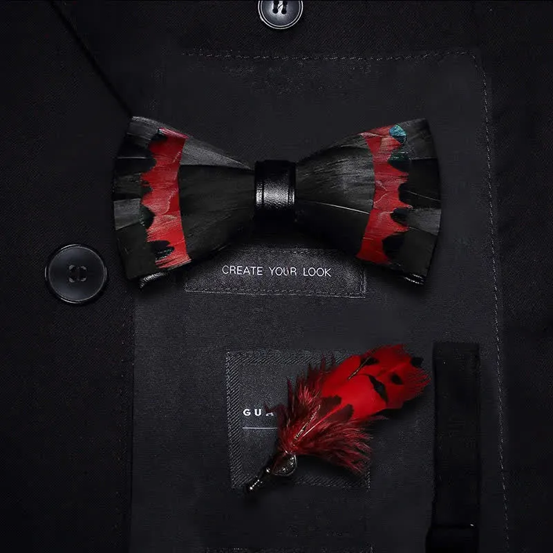 Kid's Black & Red Swan Feather Bow Tie with Lapel Pin sold by FloralTrip