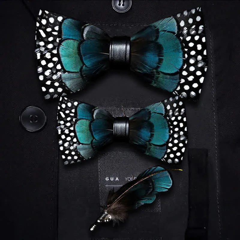 Kid's Turquoise & Black Feather Bow Tie with Lapel Pin sold by FloralTrip product image thumbnail 5