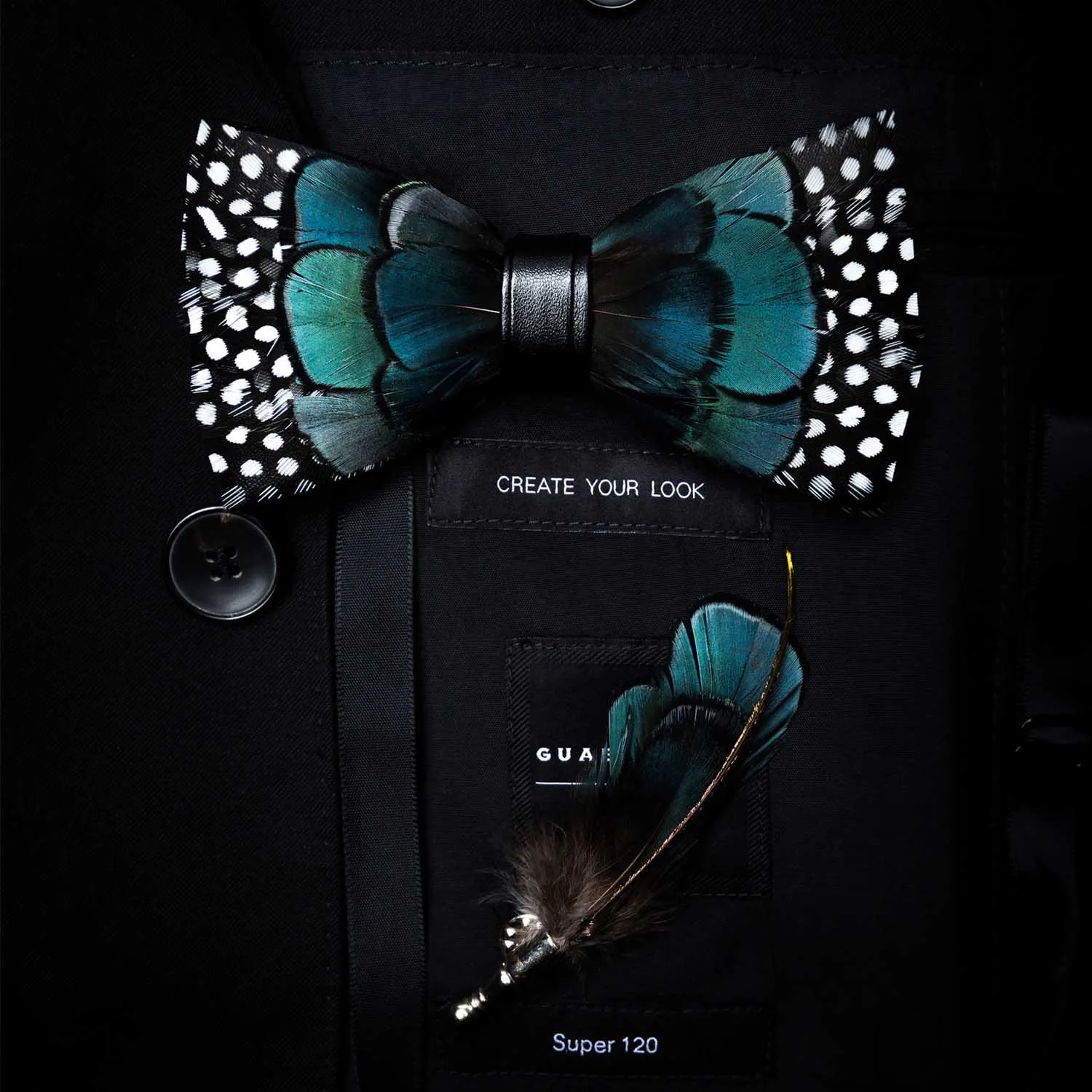 Kid's Turquoise & Black Feather Bow Tie with Lapel Pin sold by FloralTrip product image thumbnail 4