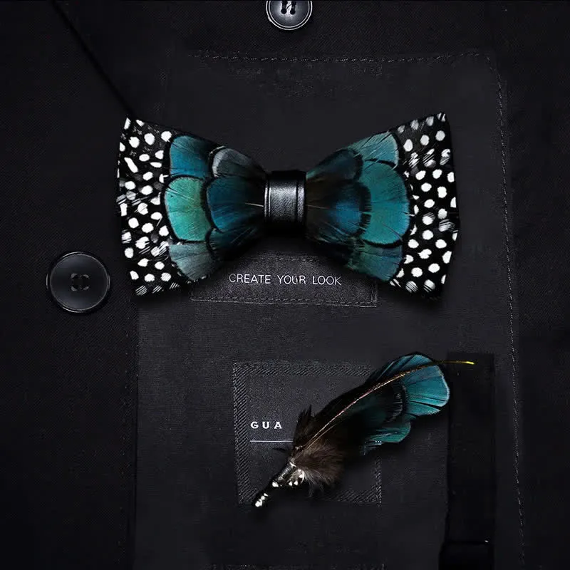 Kid's Turquoise & Black Feather Bow Tie with Lapel Pin sold by FloralTrip