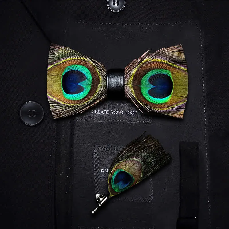 Kid's Green Peacock Feather Bow Tie with Lapel Pin sold by FloralTrip
