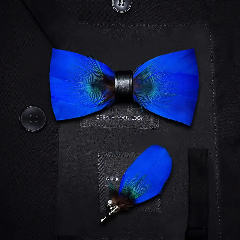 Kid's Oxford Blue Peacock Feather Bow Tie with Lapel Pin sold by FloralTrip
