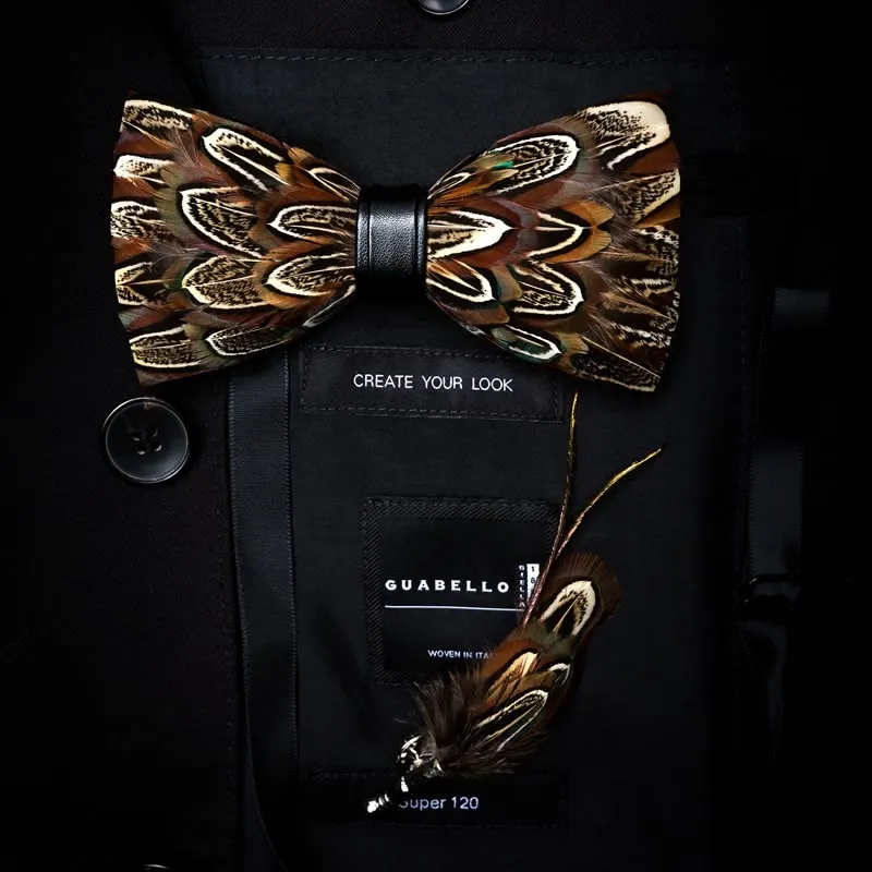 Kid's Brown Pheasant Feather Bow Tie with Lapel Pin sold by FloralTrip product image thumbnail 4