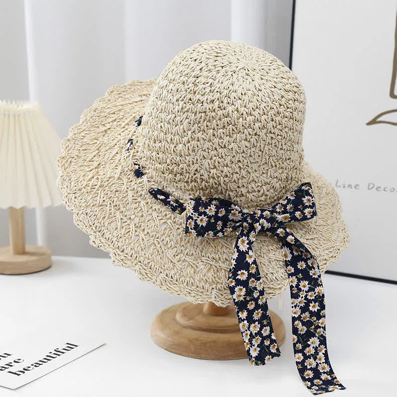Women's Little Floral Ribbon Decor Foldable Straw Hat sold by FloralTrip
