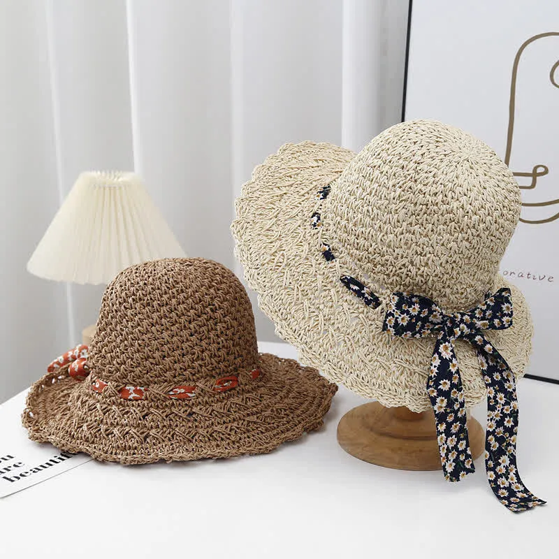 Women's Little Floral Ribbon Decor Foldable Straw Hat sold by FloralTrip product image thumbnail 4