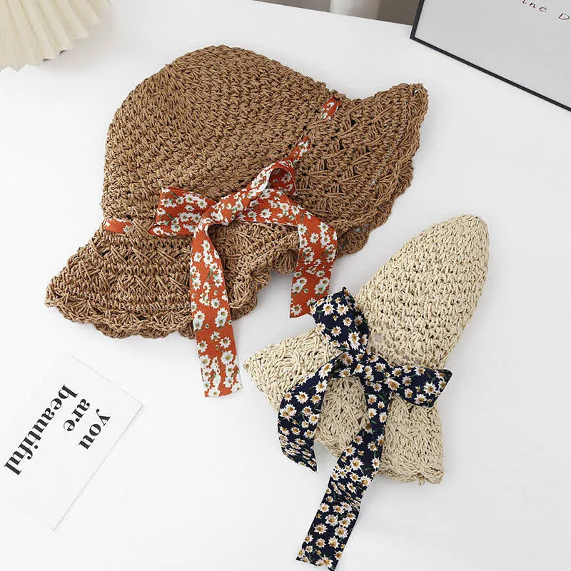 Women's Little Floral Ribbon Decor Foldable Straw Hat sold by FloralTrip product image thumbnail 2