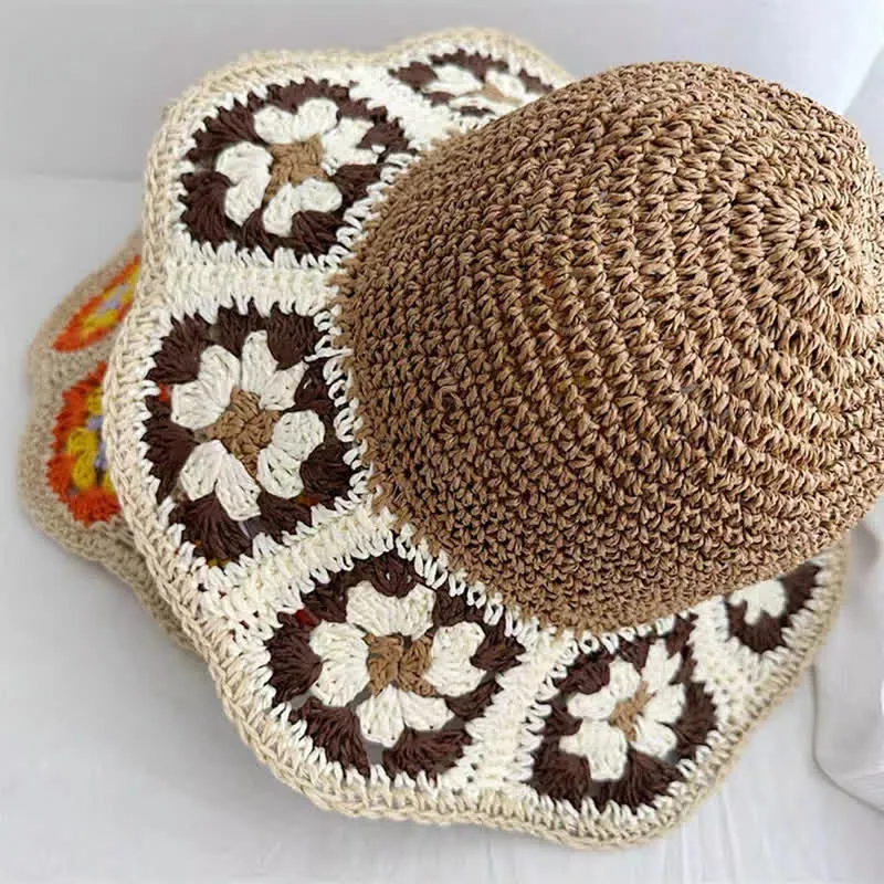 Women's Woven Floral Crochet Bucket Foldable Straw Hat sold by FloralTrip product image thumbnail 3