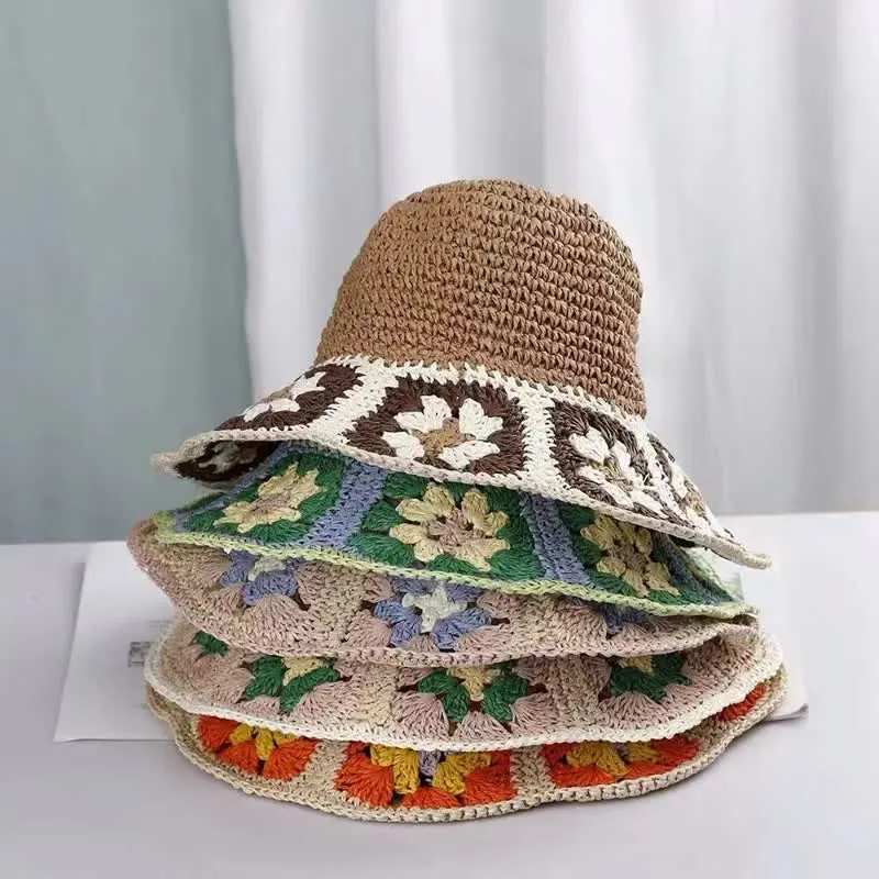 Women's Woven Floral Crochet Bucket Foldable Straw Hat sold by FloralTrip product image thumbnail 2
