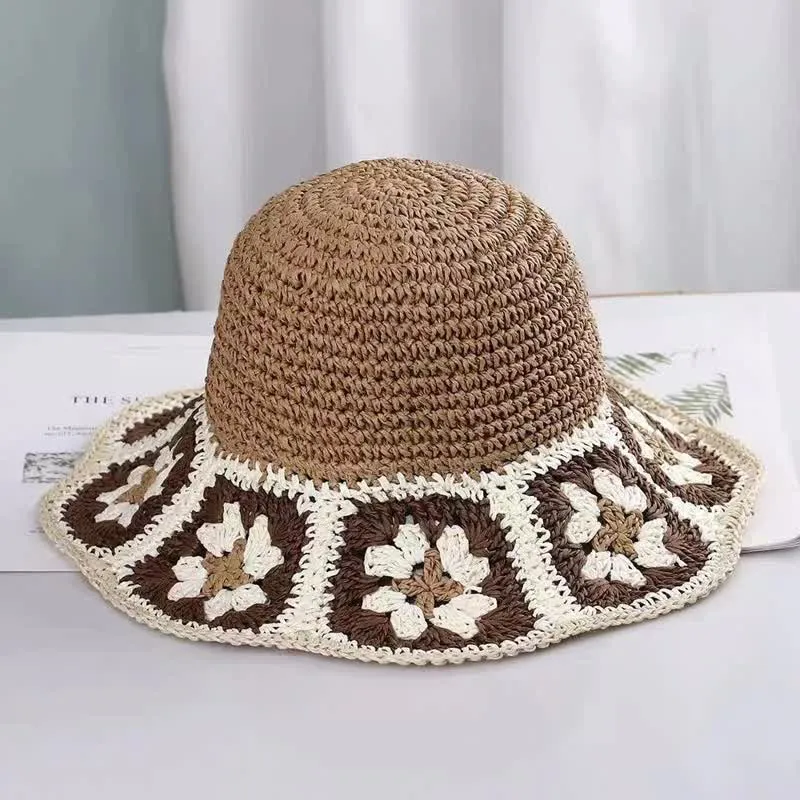 Women's Woven Floral Crochet Bucket Foldable Straw Hat sold by FloralTrip