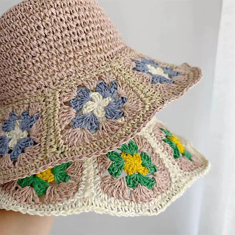 Women's Woven Floral Crochet Bucket Foldable Straw Hat sold by FloralTrip product image thumbnail 4