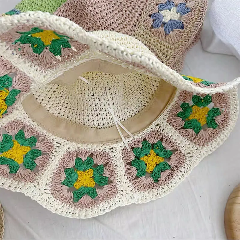 Women's Woven Floral Crochet Bucket Foldable Straw Hat sold by FloralTrip product image thumbnail 5