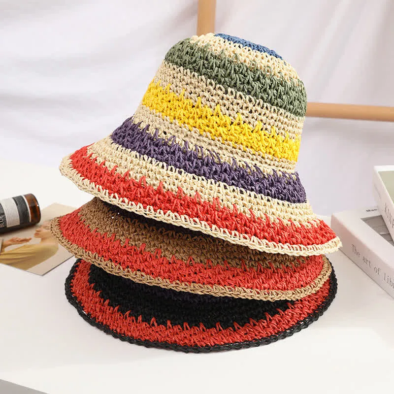 Women's Boho Style Colorful Rainbow Foldable Straw Hat sold by FloralTrip product image thumbnail 5