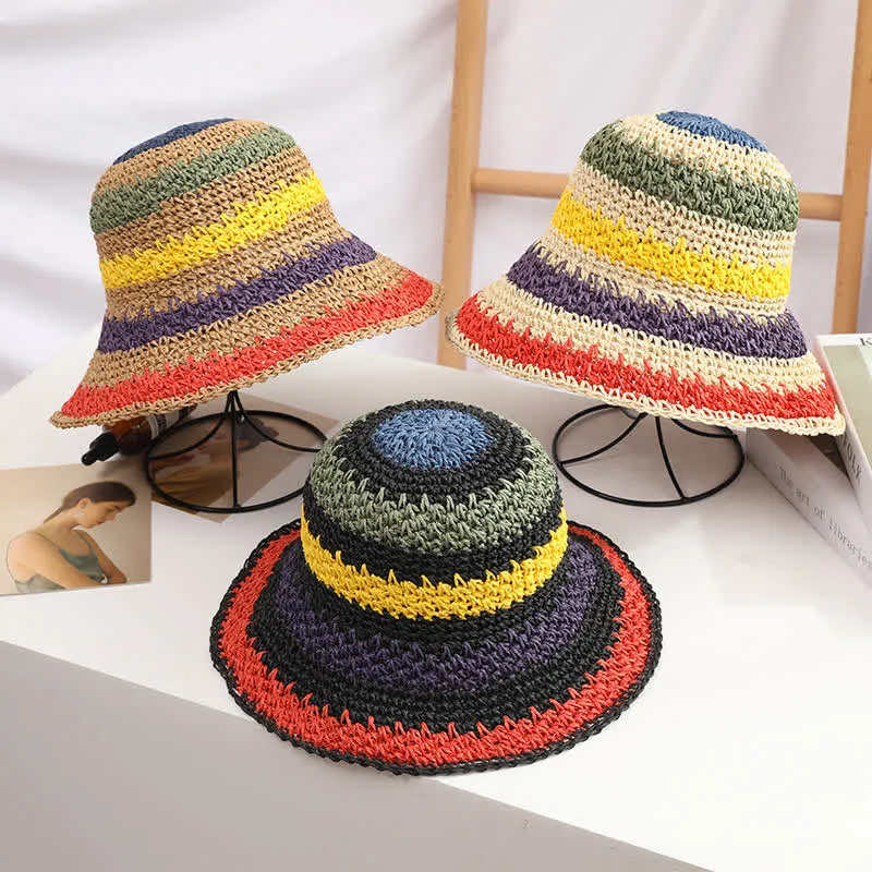 Women's Boho Style Colorful Rainbow Foldable Straw Hat sold by FloralTrip product image thumbnail 3