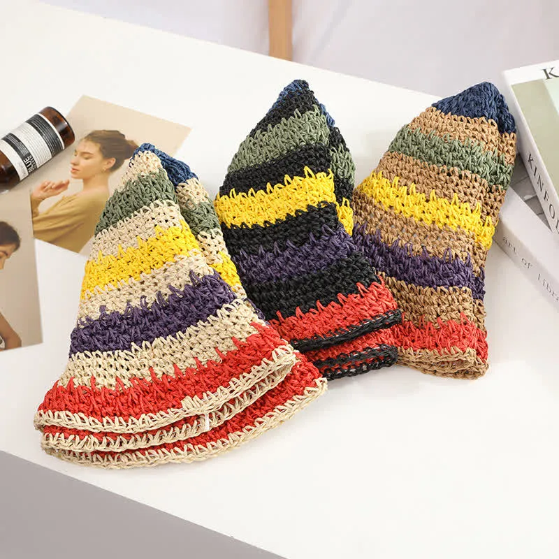 Women's Boho Style Colorful Rainbow Foldable Straw Hat sold by FloralTrip product image thumbnail 4