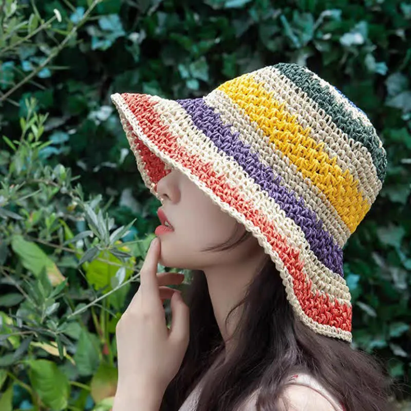 Women's Boho Style Colorful Rainbow Foldable Straw Hat sold by FloralTrip product image thumbnail 2