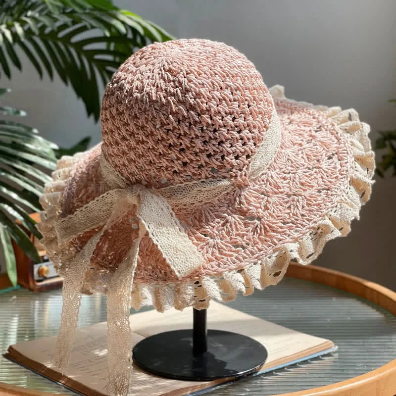 Women's Hollow Bow Lace Brim Summer Foldable Straw Hat sold by FloralTrip product image thumbnail 5