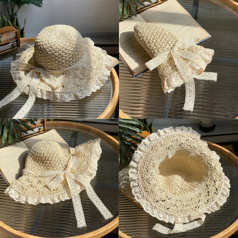 Women's Hollow Bow Lace Brim Summer Foldable Straw Hat sold by FloralTrip product image thumbnail 3