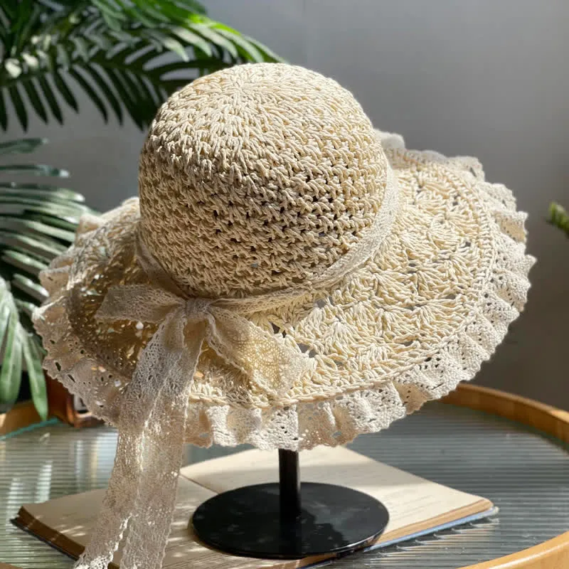 Women's Hollow Bow Lace Brim Summer Foldable Straw Hat sold by FloralTrip