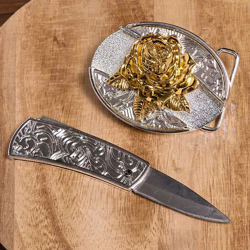 Men's DIY Gold & Silver Rose Hidden Folding Knife Leather Belt sold by FloralTrip product image thumbnail 3