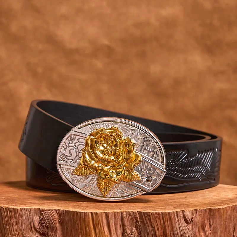 Men's DIY Gold & Silver Rose Hidden Folding Knife Leather Belt sold by FloralTrip product image thumbnail 4