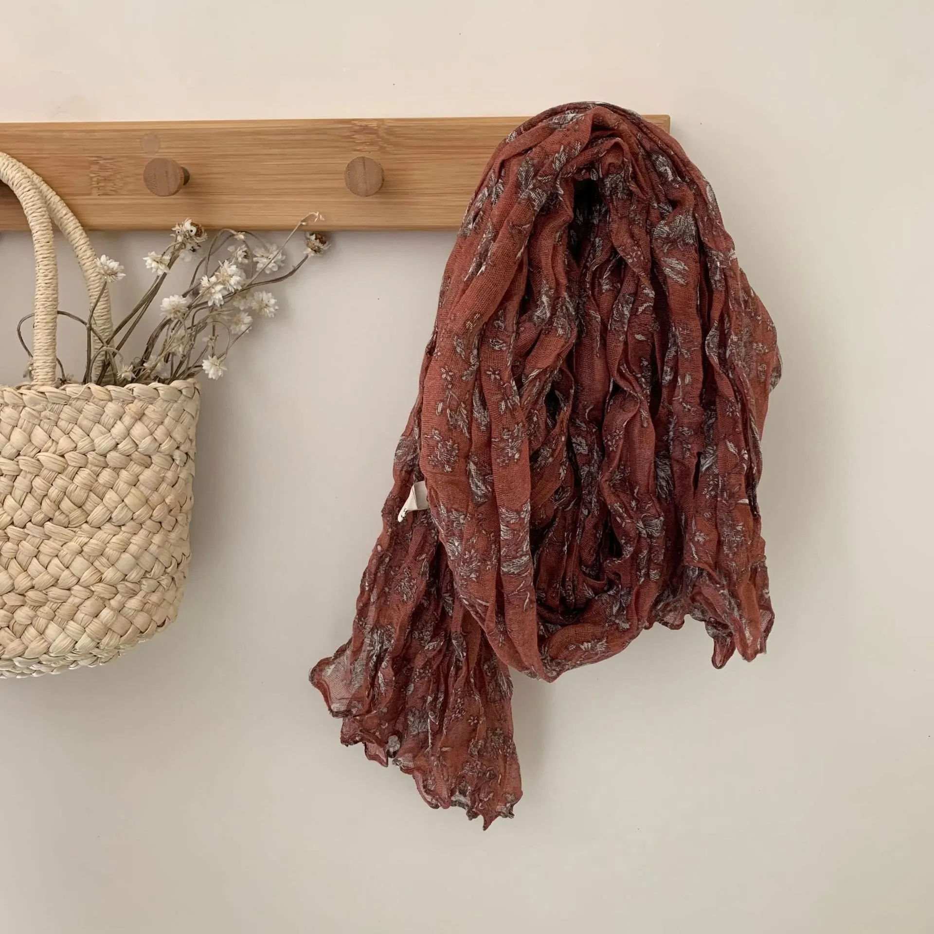 Vintage Pleated Printed Cotton And Linen Thin Scarf sold by FloralTrip