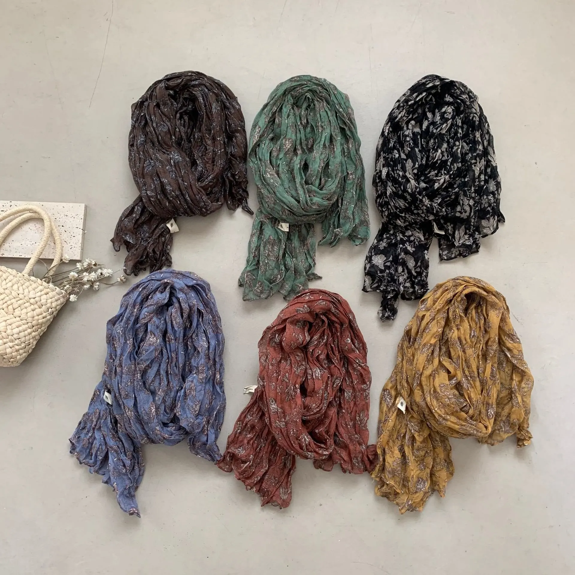 Vintage Pleated Printed Cotton And Linen Thin Scarf sold by FloralTrip product image thumbnail 3