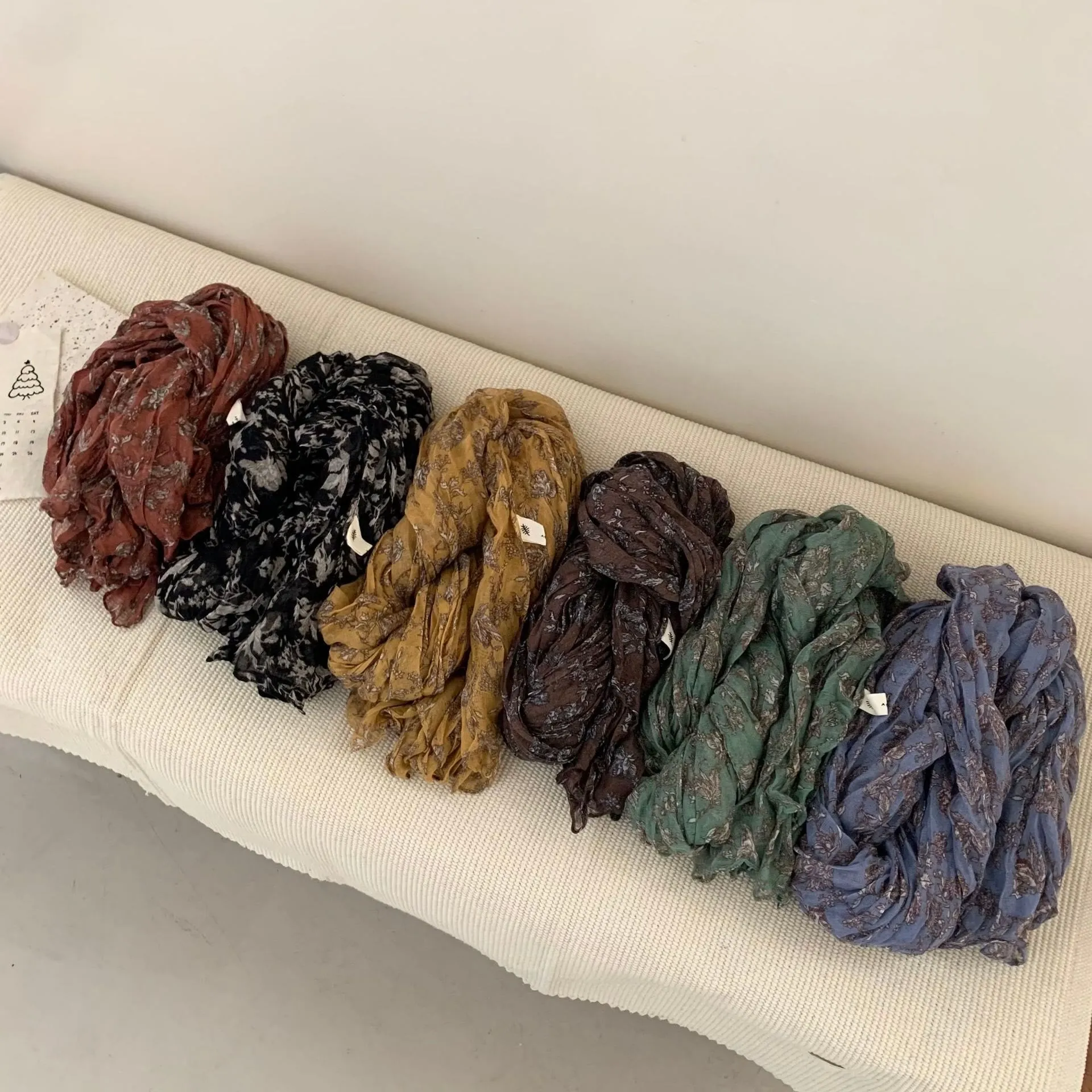 Vintage Pleated Printed Cotton And Linen Thin Scarf sold by FloralTrip product image thumbnail 4