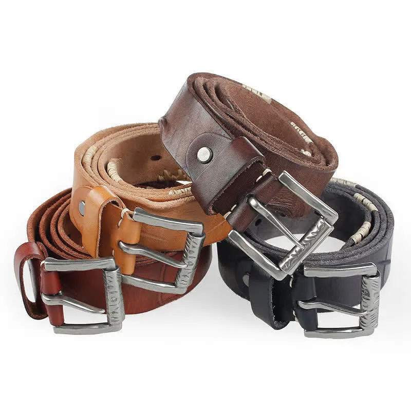 Men's Distressed Retro White Line Decor Leather Belt sold by FloralTrip product image thumbnail 2