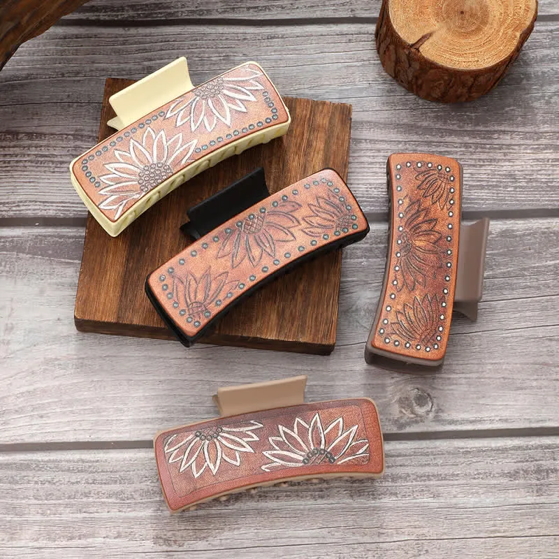Women's Brown PU Leather Sunflower Print Hair Claw Clip sold by FloralTrip