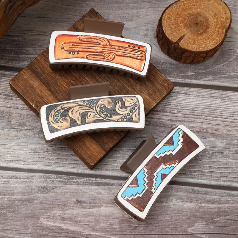 Women's Cowgirl Style Cactus Print Coffee Hair Claw Clip sold by FloralTrip