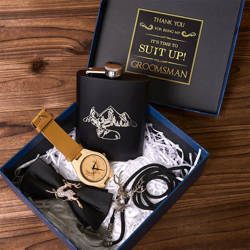 4Pcs Deer Theme Black Bow Tie Flask Bolo Tie Wooden Watch Groomsmen Gift Box sold by FloralTrip