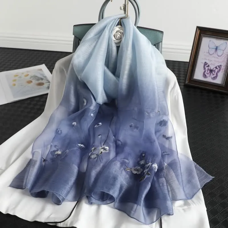 Women's Color Gradient Floral Embroidery Thin Scarf sold by FloralTrip