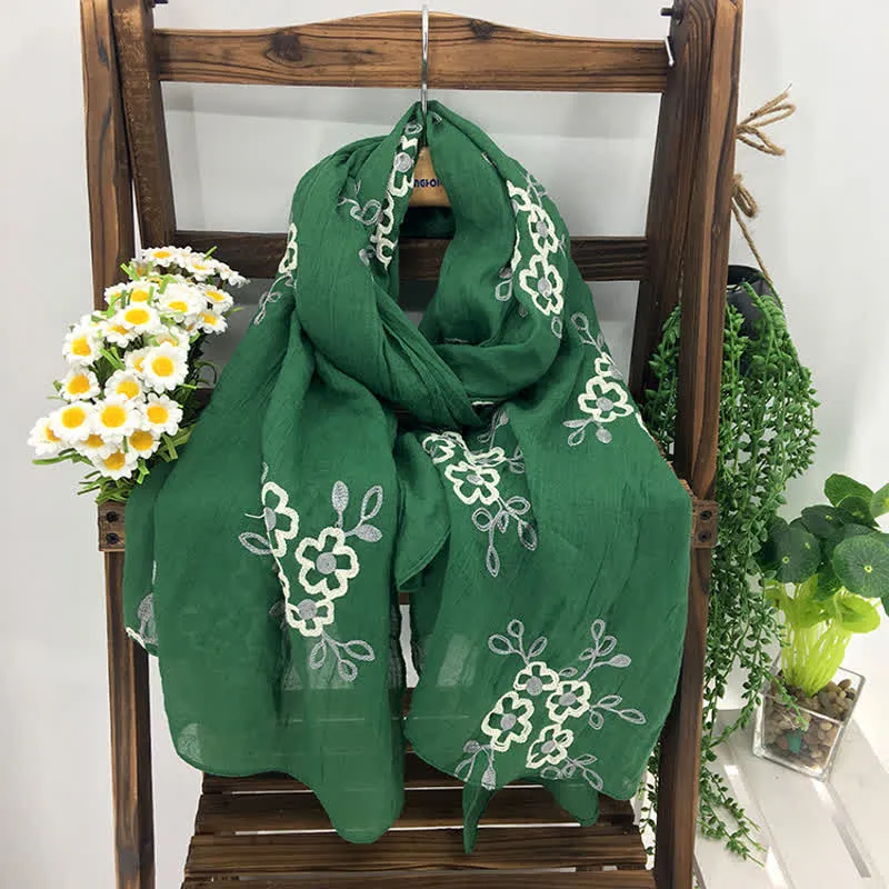 Women's National Cotton Linen Flower Embroidery Thin Scarf sold by FloralTrip