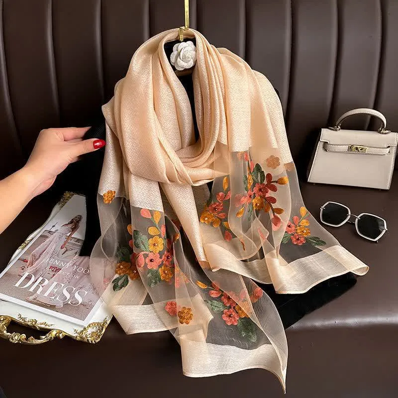 Nail Bead Birchapple Floral Embroidery Thin Scarf sold by FloralTrip