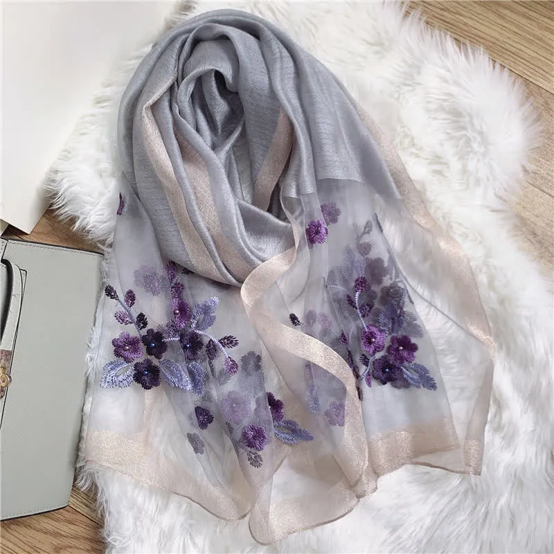 Birchapple Flower Embroidered Gold Edge Thin Summer Scarf sold by FloralTrip