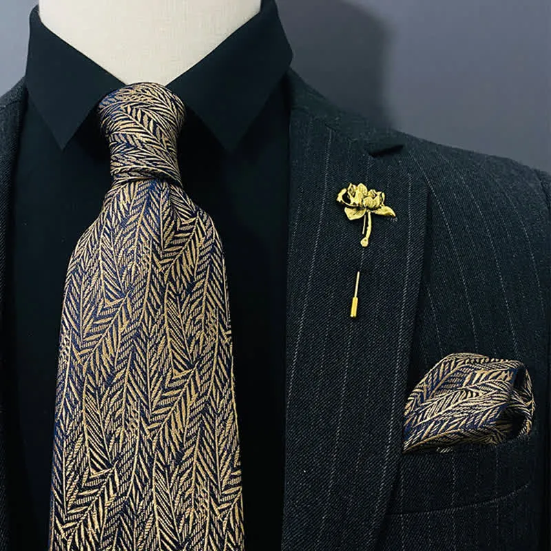 2Pcs Men's Dark Golden Willow Leaves Handkerchief Necktie Set sold by FloralTrip