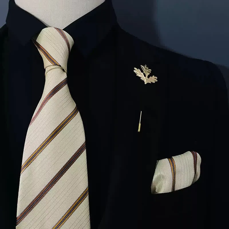 2Pcs Men's Ivory & Gold Striped Handkerchief Necktie Set sold by FloralTrip