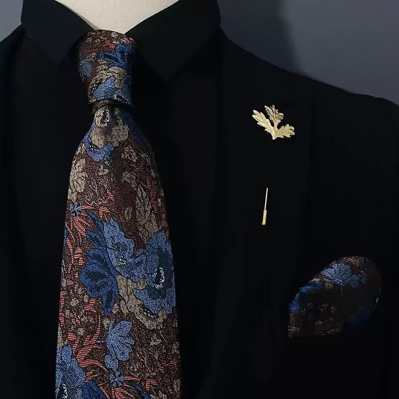 2Pcs Men's Dark Blue Elegant Flower Handkerchief Necktie Set sold by FloralTrip