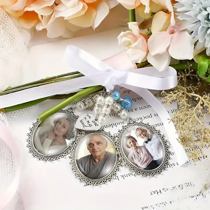 Custom Photo And Text Keychain Wedding Bouquet Pendant sold by FloralTrip