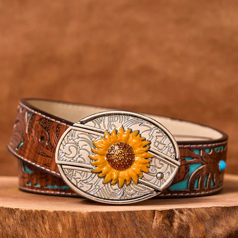 Men's Colorful Sunflower DIY Hidden Knife Western Buckle Leather Belt (Pre-Sale) sold by FloralTrip product image thumbnail 5