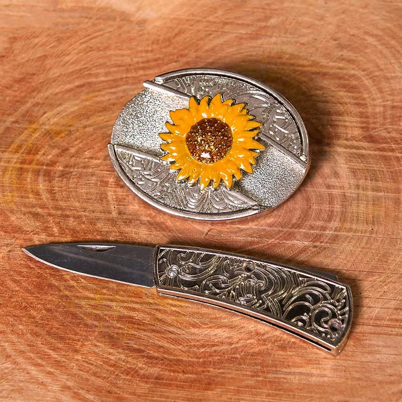 Men's Colorful Sunflower DIY Hidden Knife Western Buckle Leather Belt (Pre-Sale) sold by FloralTrip product image thumbnail 3
