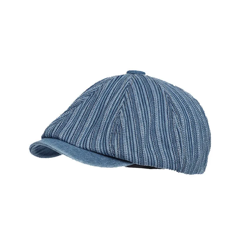 Artist Painter Striped Washed Denim Octagonal Beret Cap sold by FloralTrip