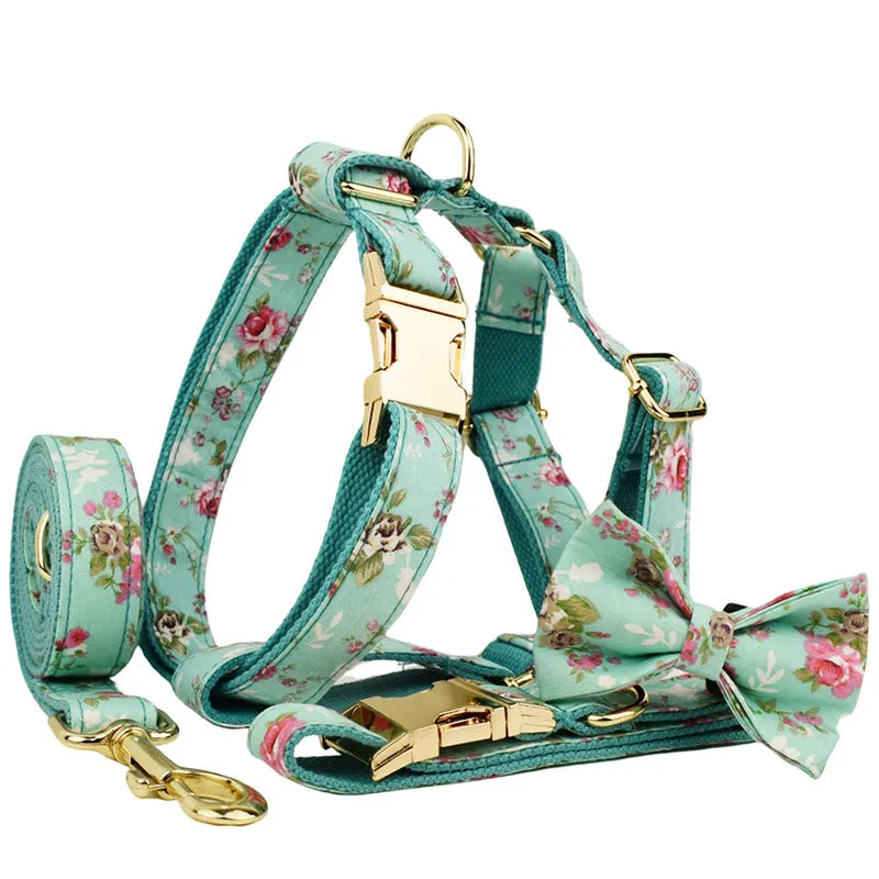 Floral Dog Cat Adjustable Bow Tie Collar Dog Harness Leash Set sold by FloralTrip