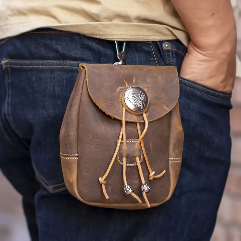 Indian Style Small Wallet Drawstring Crazy Horse Leather Belt Bag sold by FloralTrip